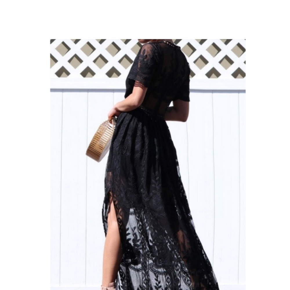 Lace Plunging V Neck Sheer Beautiful Maxi Dress Black Small - Picture 8 of 15